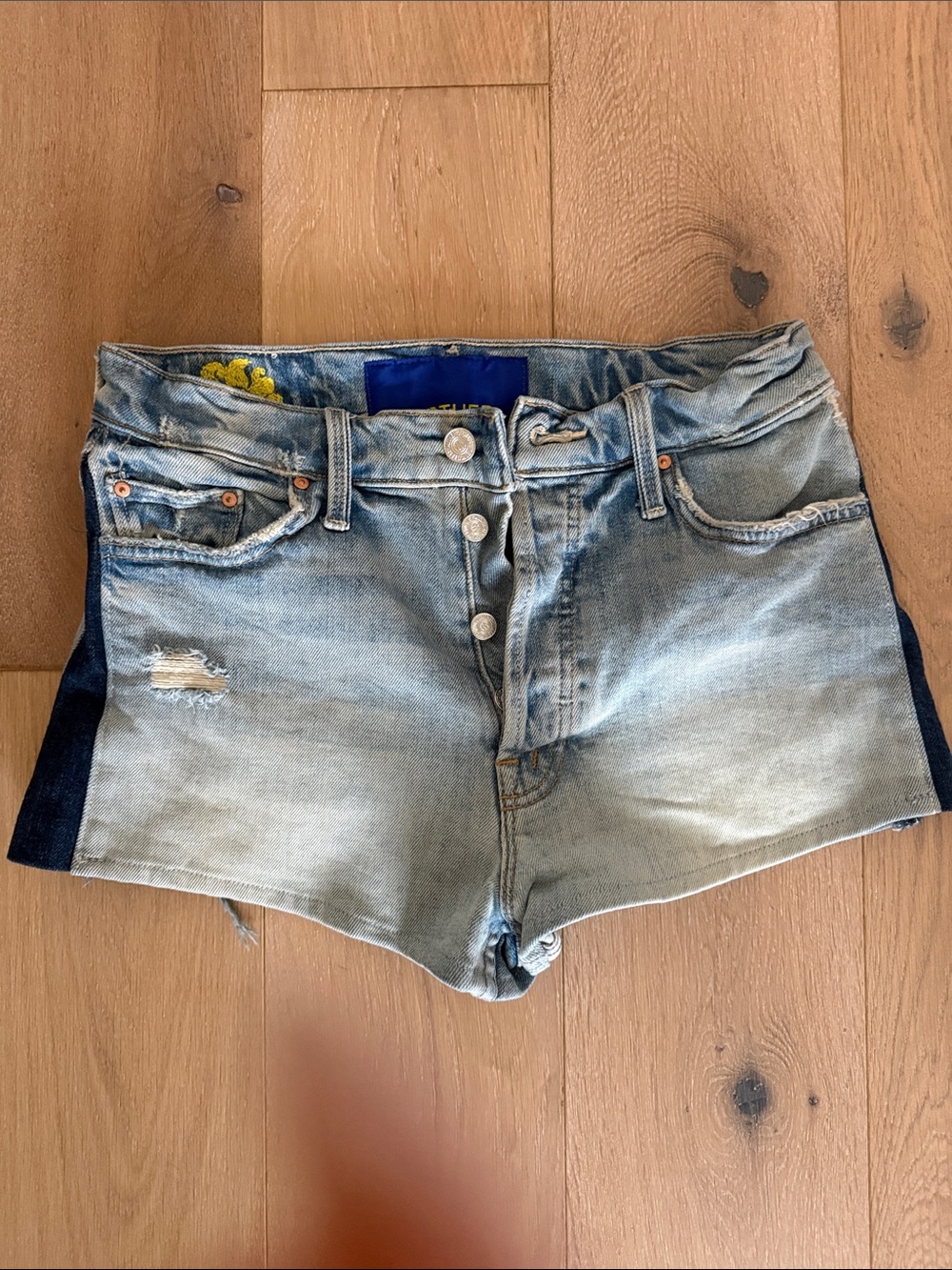 MOTHER Light Blue Denim Shorts with Navy Side Panels